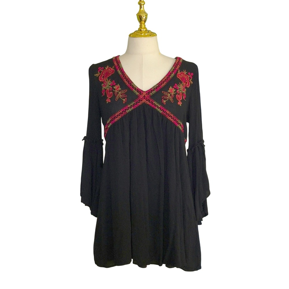 Lily Rain Embroidered Boho Mini Dress Womens Small Black Bell Sleeve Floral